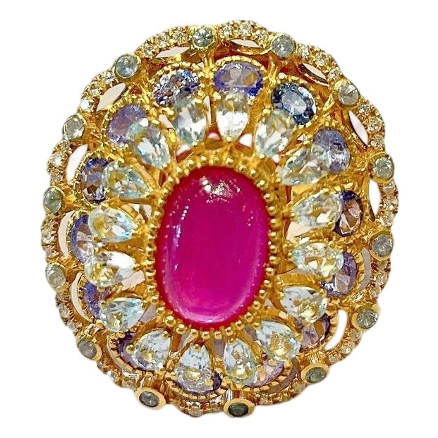 Amethyst Cocktail Ring Tanzanite and Blue Topaz Halo 7.8 Carats For Sale