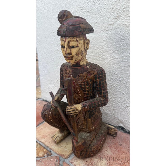 Chinese Mid 20th Century Hand-Carved Chinese Wooden Figural Sculpture of Seated Musician Holding Musical Instrument For Sale - Image 3 of 12