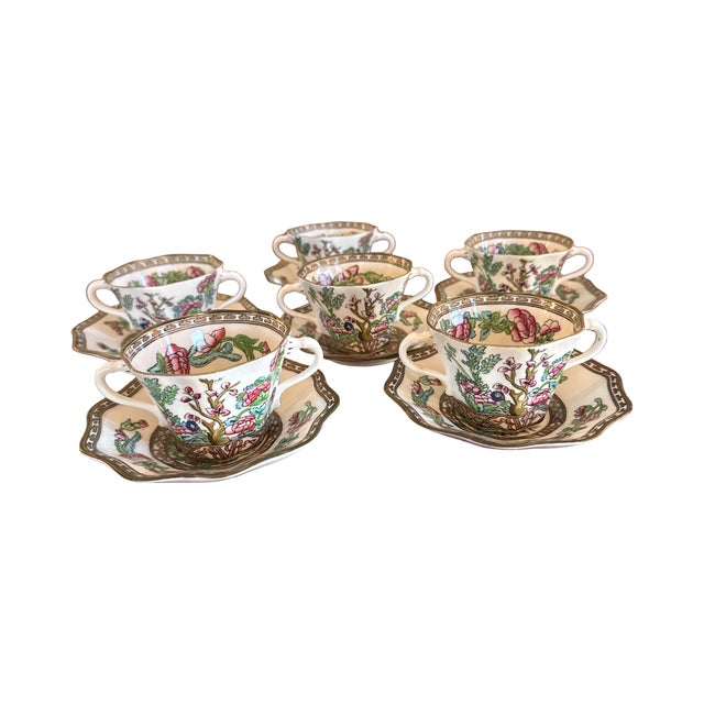 Set of Six Antique English Coalport Indian Tree Scalloped Flat Bouillon Cups & Saucers, Circa 1891–1919 For Sale In West Palm - Image 6 of 8