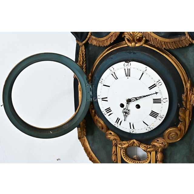 Green French 19th Century Painted and Parcel Gilt Cartel Wall Clock For Sale - Image 8 of 12