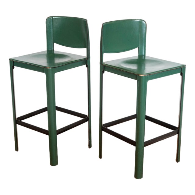 1980s Mid-Century Matteo Grassi Green Saddle Leather Sistina Counter Stools - A Pair For Sale