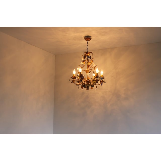 Metal Italian Tôle Chandelier with Ceramic Roses and Crystal Pendants, 1950s For Sale - Image 7 of 13