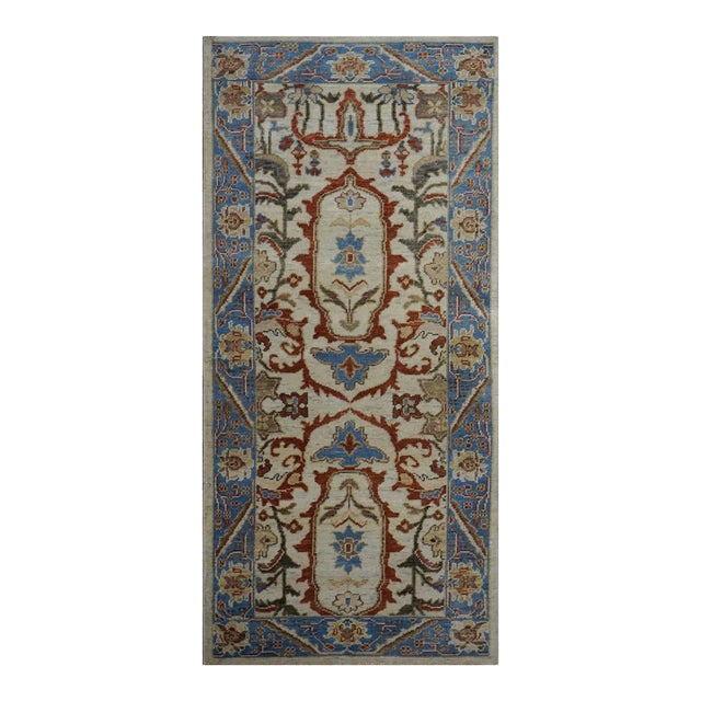 Afghan Sultanabad Master Wool 3 x 6 Ivory, Blue, & Red Handmade Runner Rug #1143760 For Sale