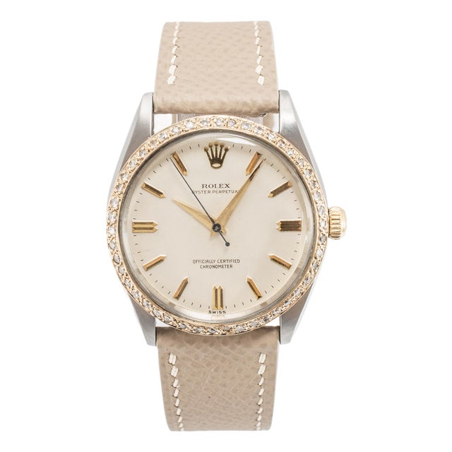 Ladies Vintage Rolex Oyster Perpetual 34mm 6567 Diamond Bezel Steel Gold Watch For Sale