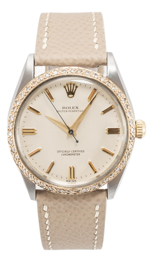 Ladies Vintage Rolex Oyster Perpetual 34mm 6567 Diamond Bezel Steel Gold Watch