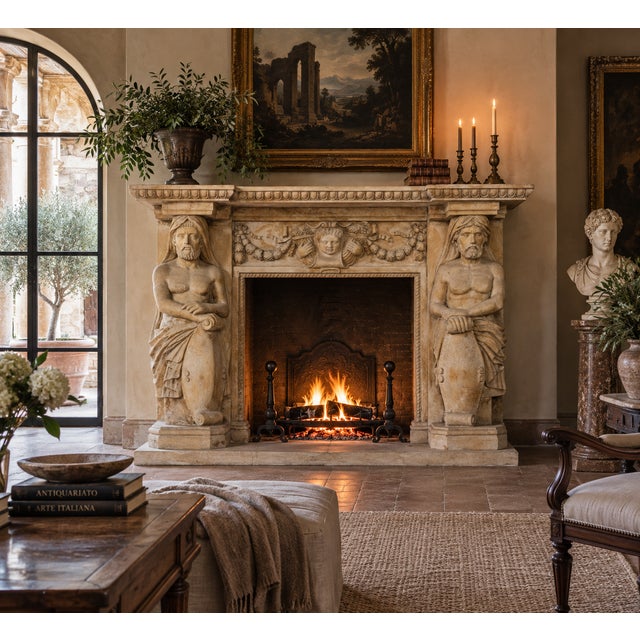 1930s Antique Fireplace in Travertine Marble with Atlases, 1930s For Sale - Image 5 of 5