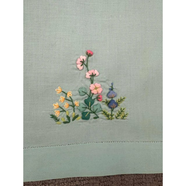 Textile Vintage Aqua Linen Guest Towel with Padded Satin Stitch Floral Embroidery, Single Turquoise Fingertip Towel, Art Deco Era Linen For Sale - Image 7 of 9