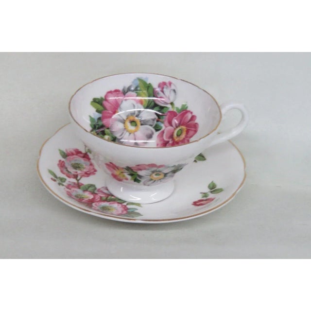Ceramic Stanley England Bone China Pink Floral White Gold Tea Cup and Saucer Set For Sale - Image 7 of 10