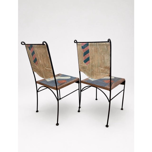 Folk Art Pair of Vintage Trompe L’oeil Hand-Painted Iron and Fiberglass Chairs, Style of John Vesey For Sale - Image 3 of 11