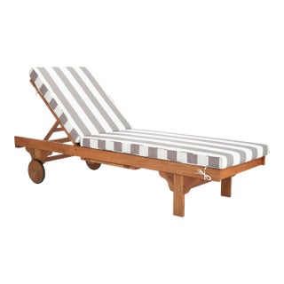 Newport Chaise Lounge Chair with Side Table, Natural/Grey Stripe Cushion For Sale