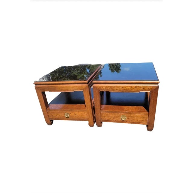 1970s Ming Style One Drawer Side Tables With Protective Glass Tops, a Pair For Sale - Image 4 of 11