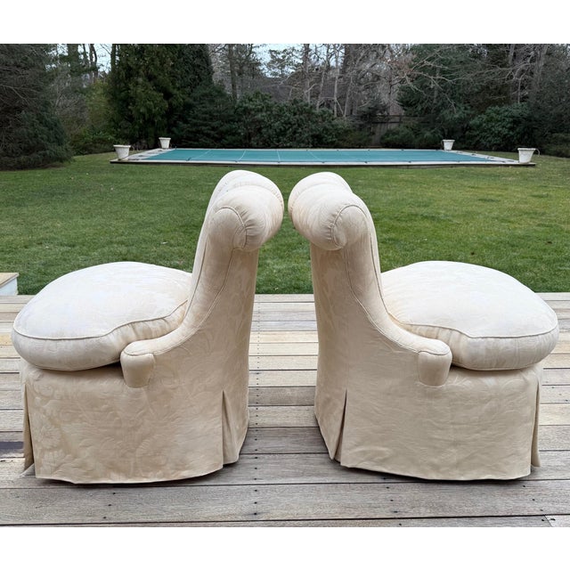 Custom Scallop Backed, Skirted Slipper Chairs in Cloud Dancer Damask, a Pair For Sale - Image 11 of 18
