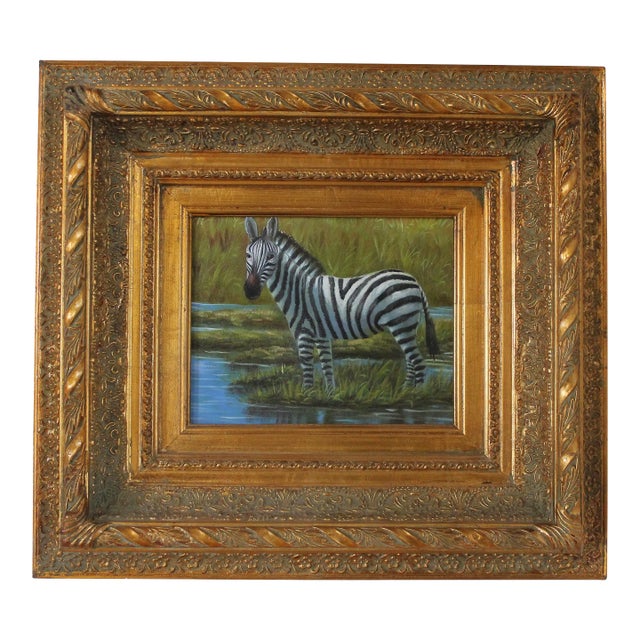 Framed Oil Painting of Zebra on Canvas For Sale