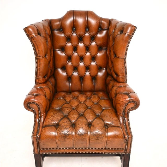 1930s Deep Buttoned Leather Wing Back Armchair, 1930s For Sale - Image 5 of 9