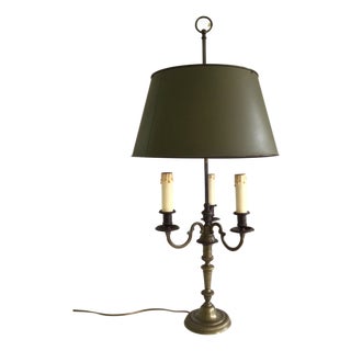 1950s Bronze Three Light Bouillotte Table Lamp With Painted Tole Shade For Sale