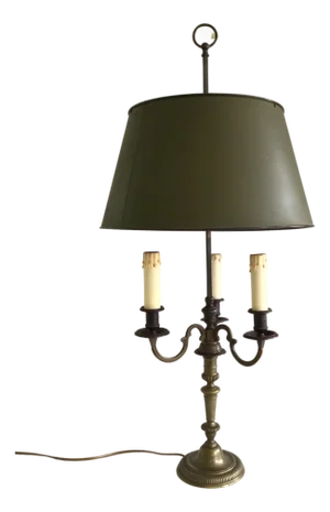 1950s Bronze Three Light Bouillotte Table Lamp With Painted Tole Shade