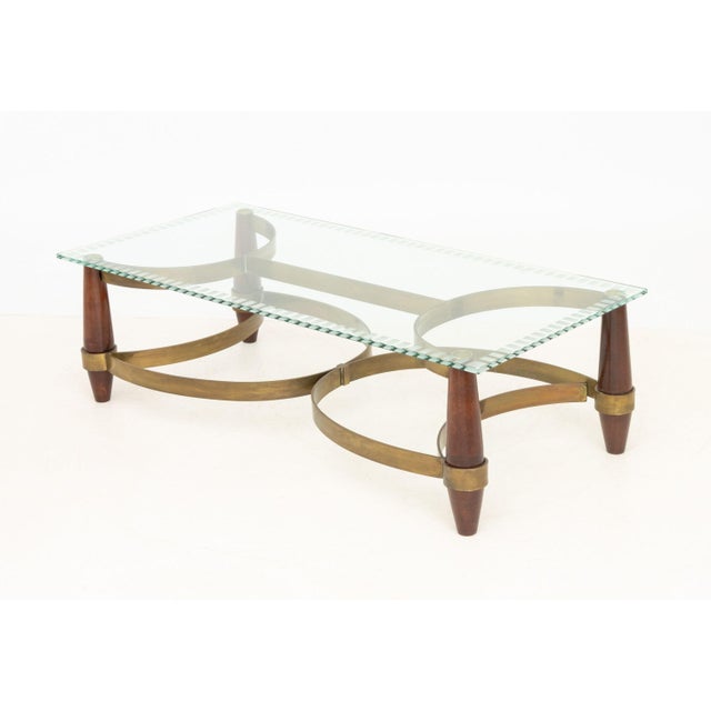Hollywood Regency Style Brass & Wood Coffee Table For Sale In New York - Image 6 of 7