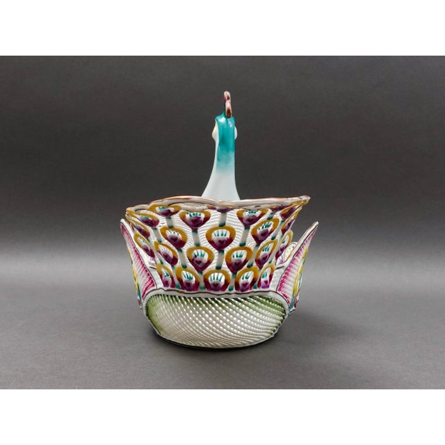 Mid 20th Century Mid 20th Century Moga Romania Hand Painted Porcelain Large Peacock Centerpiece Bowl For Sale - Image 5 of 8