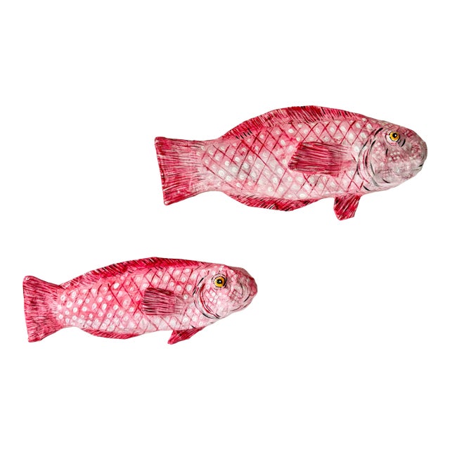 Pink Folk Art Paper Mache Hanging Fish- a Pair For Sale