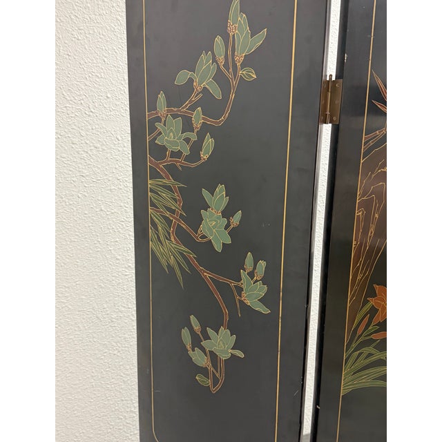 Chinese Black Lacquer Four-Panel Folding Screen + Soapstone Inlay, Vintage For Sale - Image 10 of 12