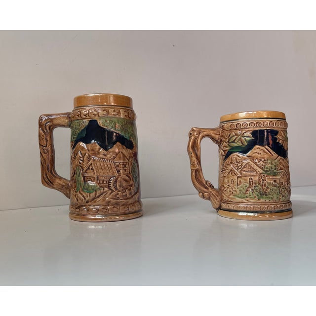 Medieval Themed German Bier Steins Mugs in Glazed Stoneware, Set of 2 For Sale - Image 4 of 9
