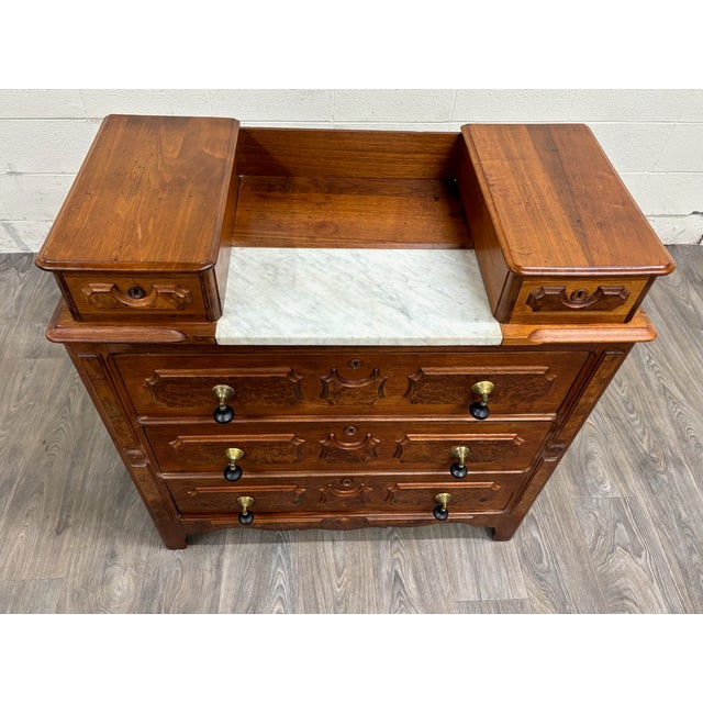 Victorian Antique Victorian Eastlake Burled Wood Marble Inlay Gentleman’s Dresser Commode For Sale - Image 3 of 11