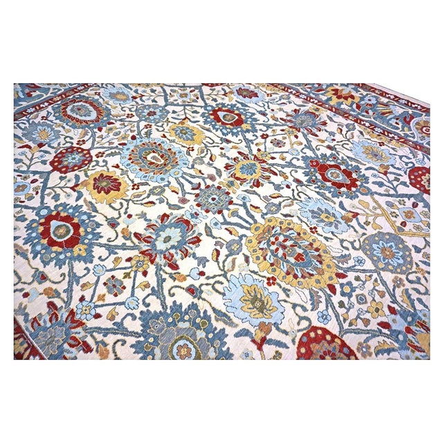 Ivory Afghan Sultanabad Wool 13x16 Ivory, Red & Light Blue Handmade Area Rug #1143763 For Sale - Image 8 of 12