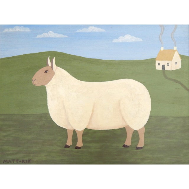 "Ivy" A charming naïve folk art painting by British artist Matt Rix, depicting a handsome sheep standing peacefully in a...