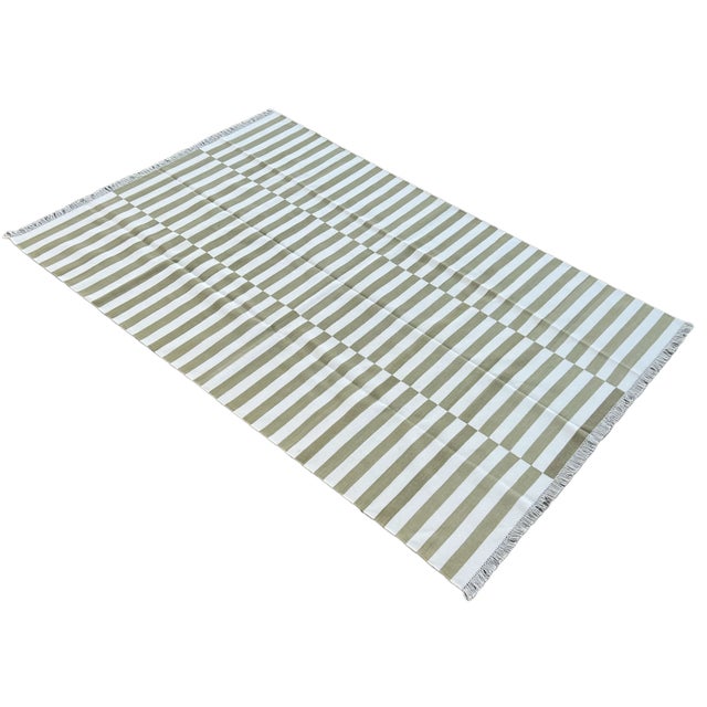 Mid-Century Modern Not Yet Made - Made To Order Handmade Cotton Area Rug Vegetable Dyed Olive Green and White Up Down Striped Rug-8'x10' For Sale - Image 3 of 11