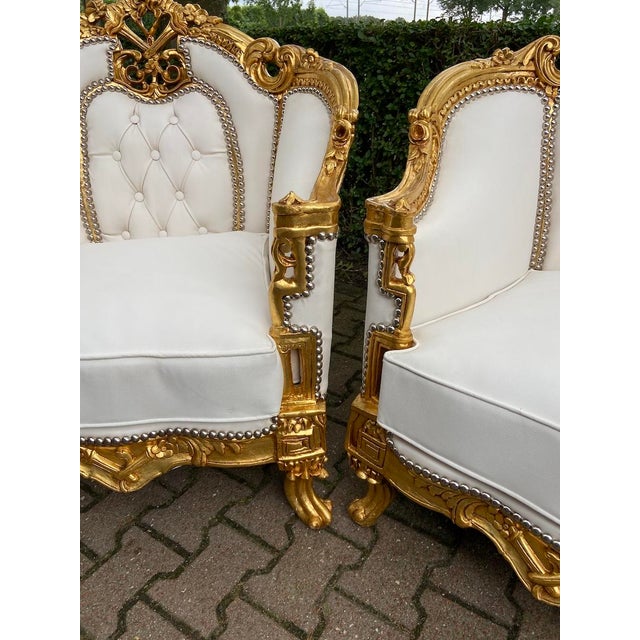 French 1950s Artisan Louis XVI Gold Wood Leather Bergères-Pair For Sale - Image 3 of 9