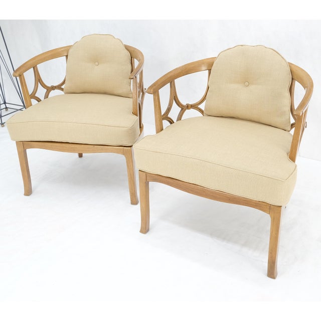 Pair of New Gold Linen Upholstery Barrel Back Wrap Around Lounge Arm Chairs MINT For Sale - Image 11 of 14