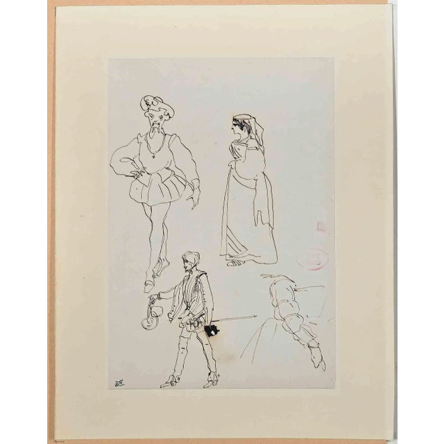 Portrait of Man from behind is an Original Drawing in China Ink realized by Eugène Giraud in the Late 19th Century. Good...