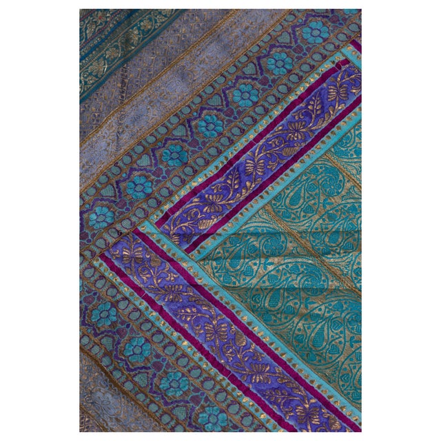 An Indian vintage large silk embroidered fabric from the second half of the 20th century with turquoise, violet, purple,...