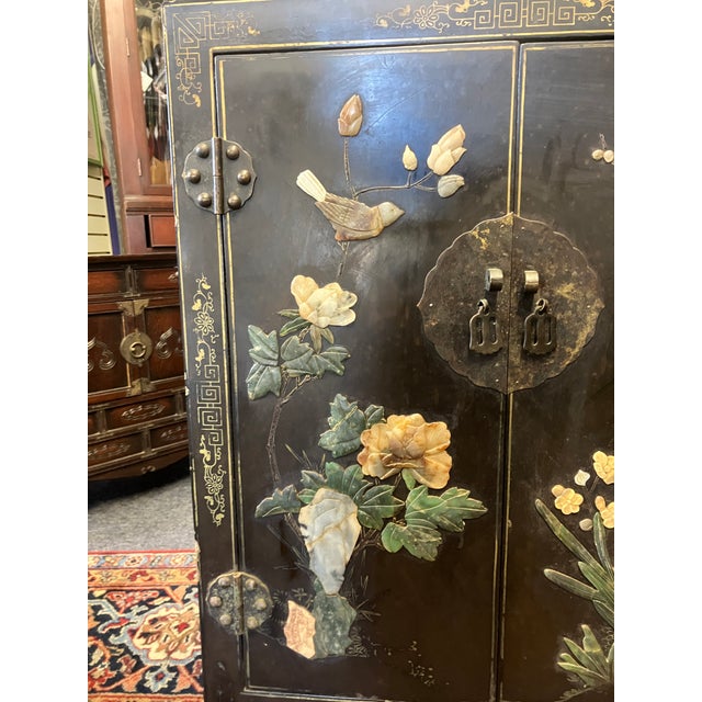 Antique Chinese Black Lacquer Cabinet W Jade Inlay of Bird & Floral Motif For Sale - Image 4 of 17