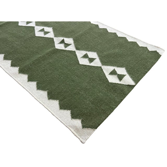 Casa Cosima Handmade New Zealand Wool Dhurrie Runner, Olive Green and Cream Geometric Runner Rug- 3'x12' For Sale - Image 4 of 10