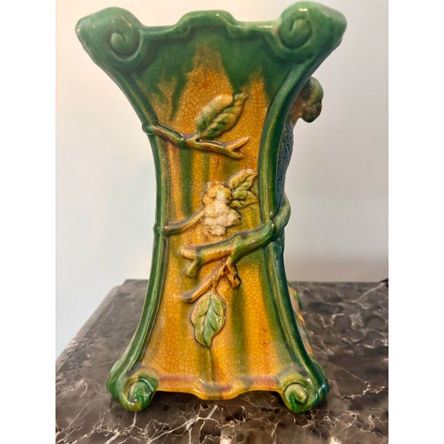 Vintage Majolica Style Glazed Pottery Vase With Parrot For Sale - Image 4 of 9