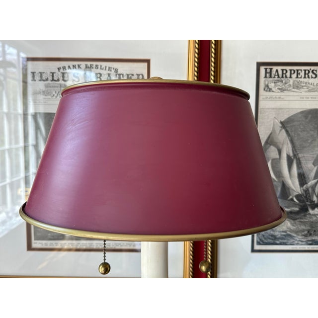 Traditional Classic Brass Table Lamp With Red Tole Shade and Twisted Base For Sale - Image 3 of 9