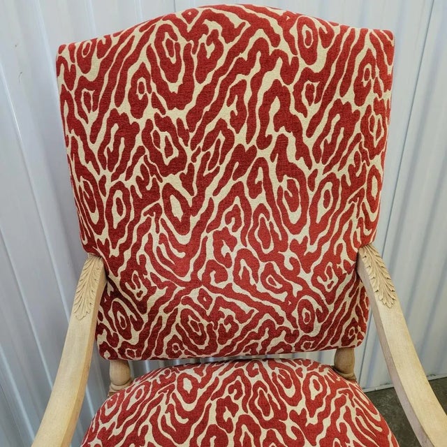 1980s Pair of French Louis XIII Style Bleached Oak Armchairs in Red Cut Velvet For Sale - Image 5 of 11