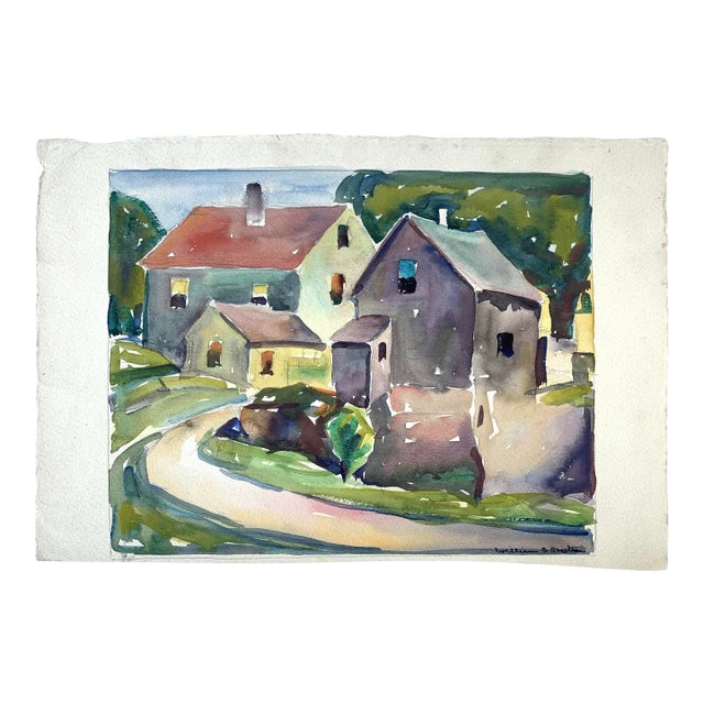 William Hazelton Watercolor Landscape Painting New England Cottages For Sale