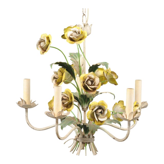 Hand Painted 5-Light Tole Floral Chandelier, 1950s Italy For Sale