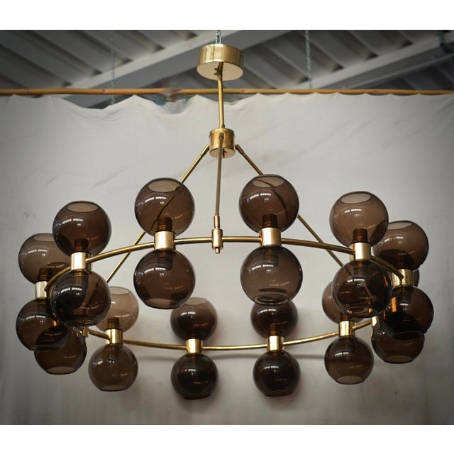 Art Deco Round Art Glass and Brass Chandelier, 2000 For Sale - Image 4 of 10