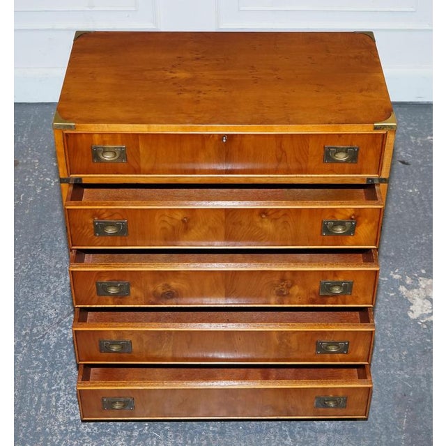 Vintage Military Campaign Yew Wood Secretaire with Brass Handles For Sale - Image 5 of 16