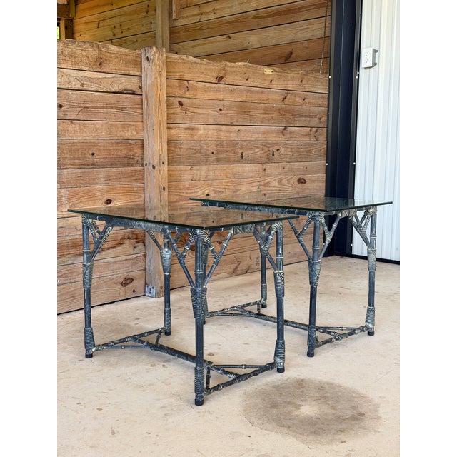 Mid 20th Century Pair Vintage Coastal Faux Bamboo Aluminum Side Tables With Glass Tops For Sale - Image 5 of 12