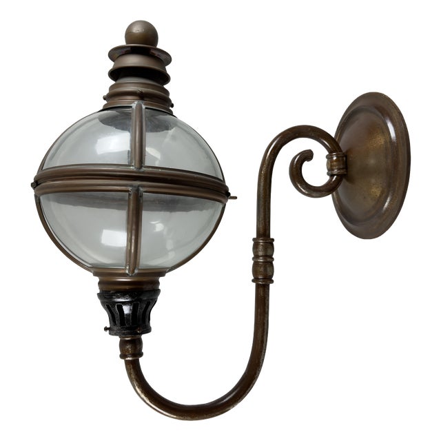 Large Brass Wall Lantern with Glass Sphere, 20th Century For Sale