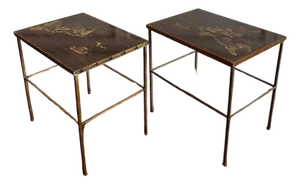 1960s Pair of Brown Lacquered Chinoiserie Side Tables