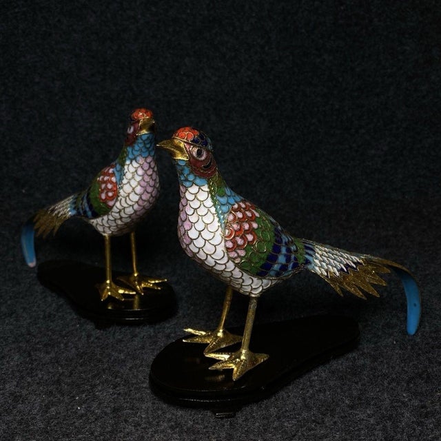 Traditional Pair of Cloisonne Enamel Pheasant Figures – 7.7" Golden Bird Sculptures on Stands For Sale - Image 3 of 9