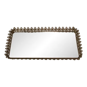 Vintage Mid Century Extra Large Gold Brass Finish Rectangular Mirror Vanity Tray Roses Hearts Detail