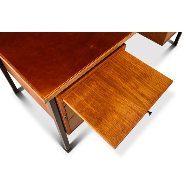 Mid-Century Modern Executive Desk in Oak & Steel W/ Leather Top Attributed to Herbert Hirche for Holzäpfel, Germany, C. 1960s For Sale - Image 10 of 18