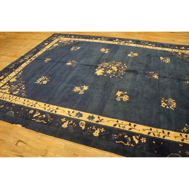 Chinese 1900s Floral Deco Blue Navy Antique Chinese Peking Room Size Knotted Wool Rug For Sale - Image 3 of 11