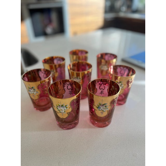 Vintage Bohemian Cranberry & Gold Enamel Tumblers – Set of 8 For Sale - Image 9 of 12